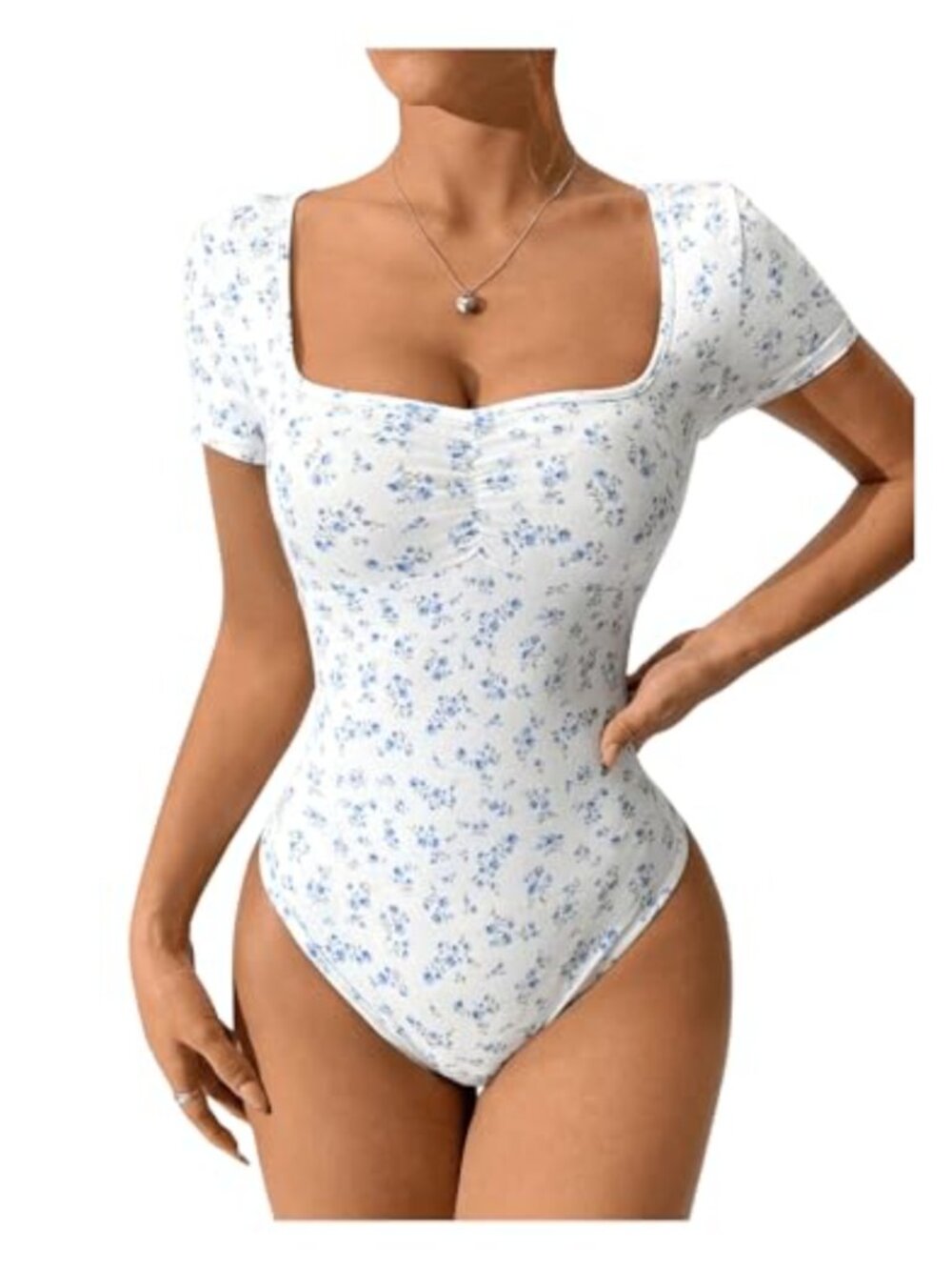 Floral Print Ruched Sweetheart Neck Short Sleeve Bodysuit Top Tee